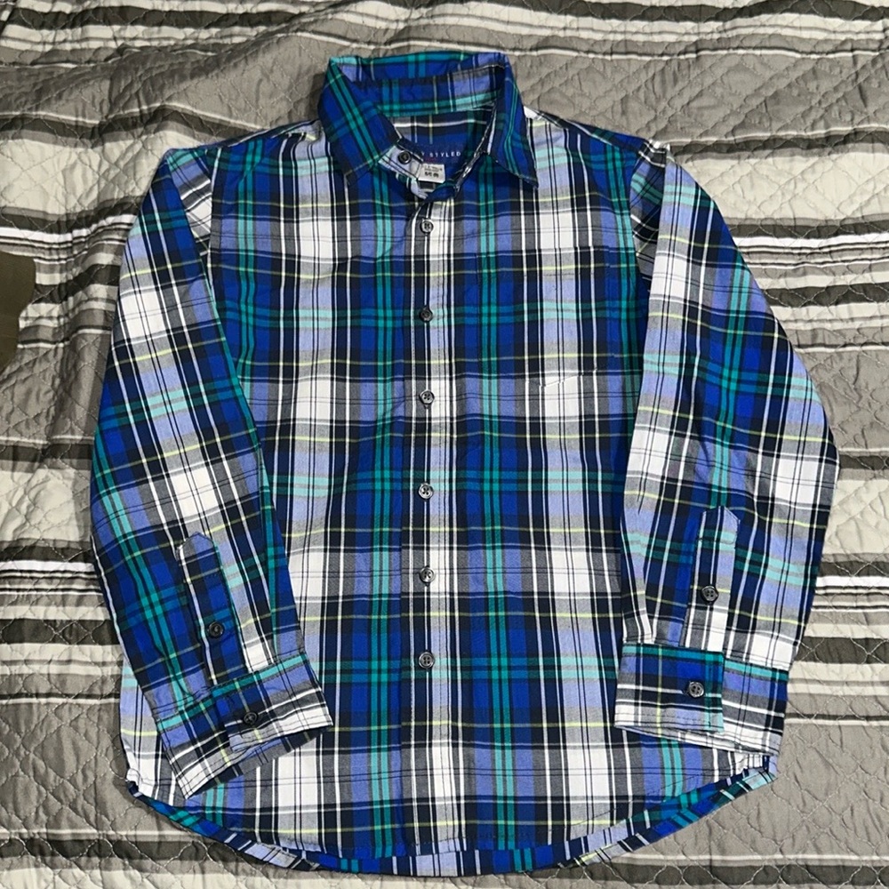 Simply Styled by Sears Boy Plaid Blue Teal Black Button Down Top